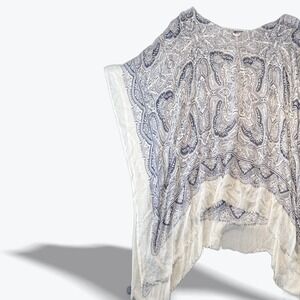 Bujibaja Womens Paisley Kaftan Top White Navy Blue Viscose Poncho OS Coverup